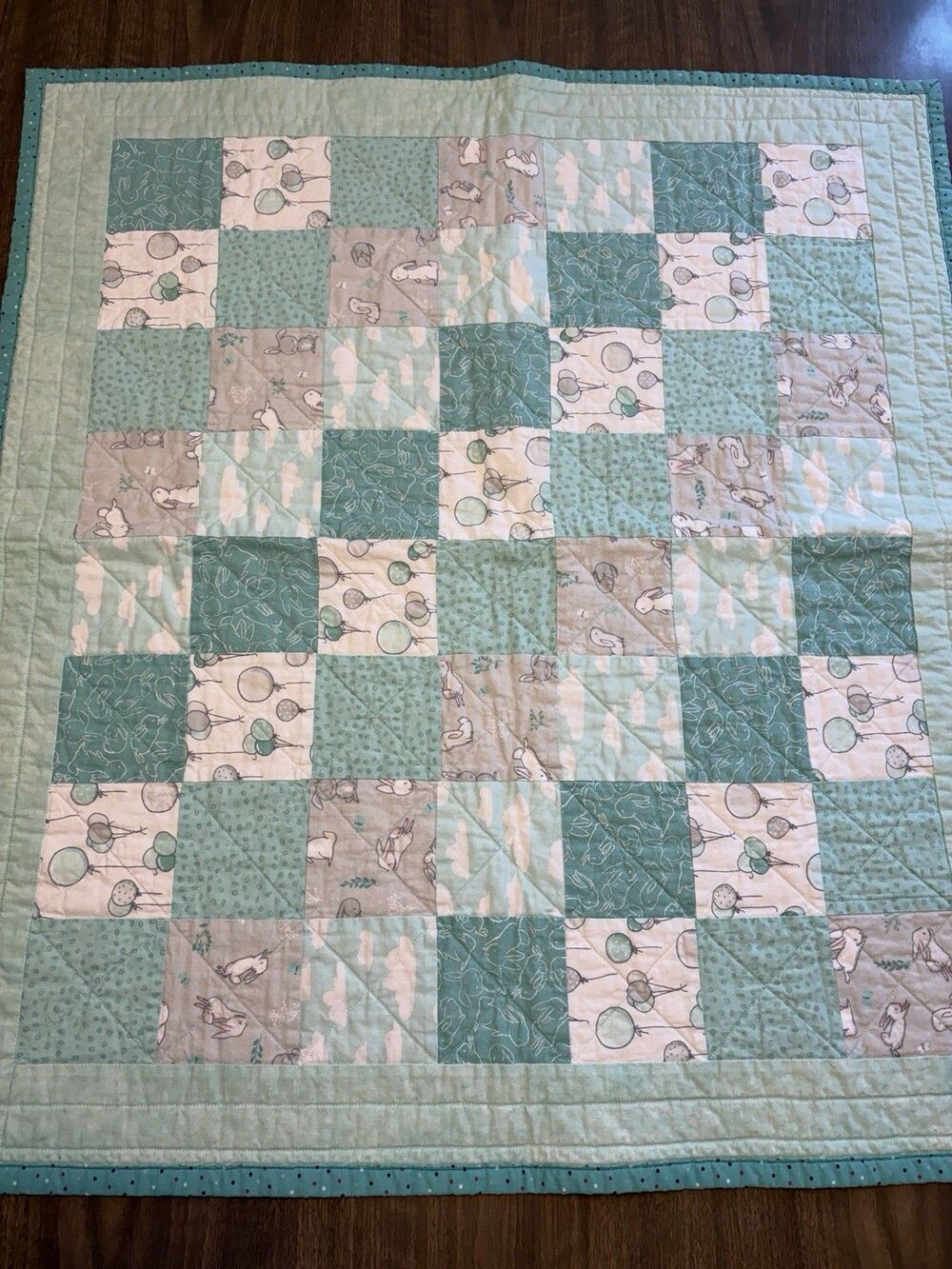 Handmade Baby Crib Blanket Quilted Patchwork Green Bunnies Nursery 36x32”